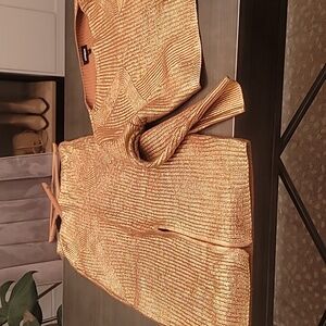 EXPRESS High Waisted Metallic Foil Ribbed Front Slit Midi Sweater Skirt S New